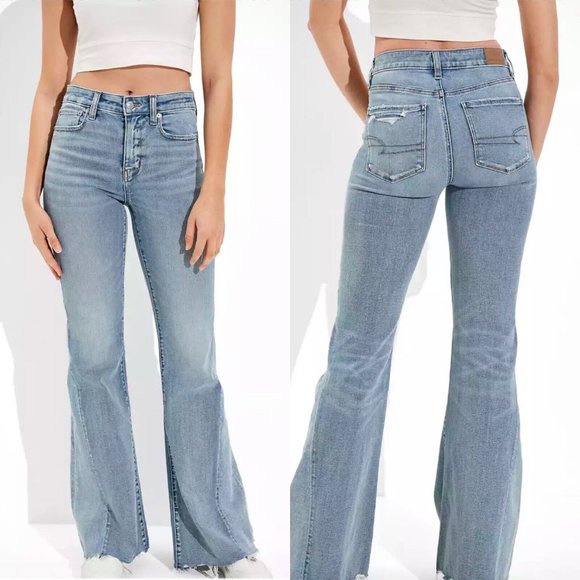 American Eagle Outfitters Denim - American Eagle Festival Flare Jeans 18 Reg Light Wash Denim Raw Hem Distressed